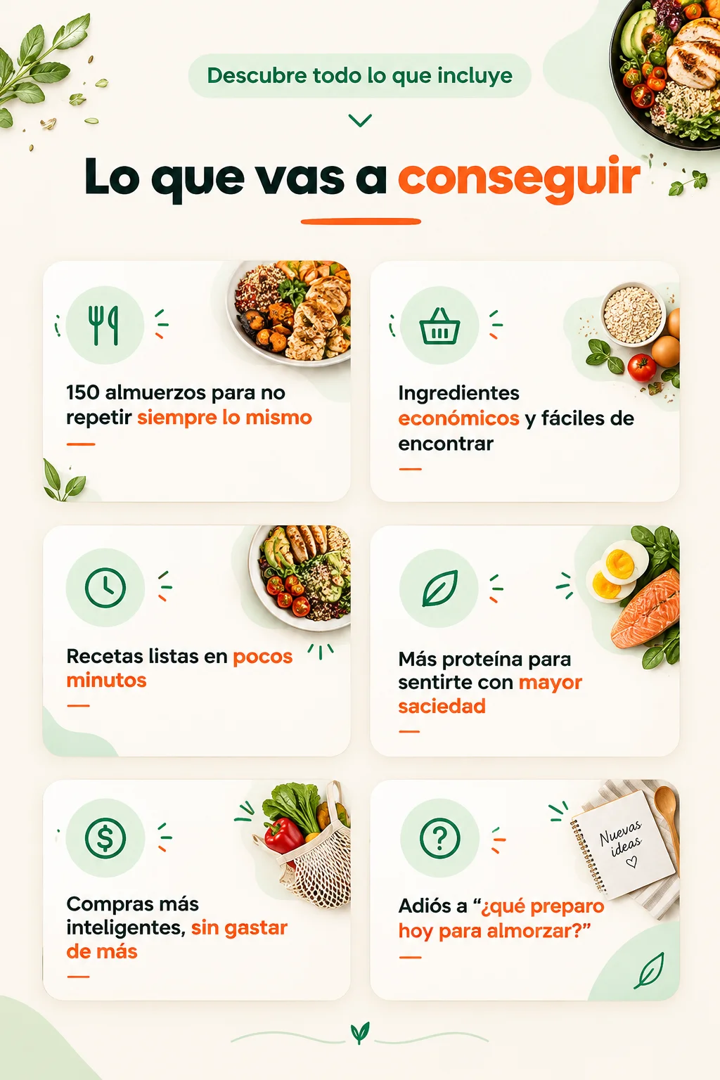 Lo que vas a conseguir: 150 almuerzos variados, ingredientes económicos, recetas rápidas, más proteína, compras inteligentes y adiós a la duda de qué preparar al mediodía
